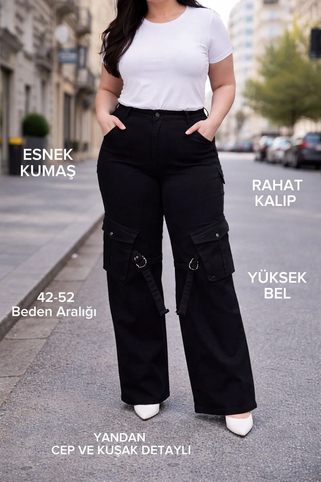 BÜYÜK BEDEN YÜKSEK BEL KARGO CEP VE KUŞAKLI LİKRALI PANTOLON RAHAT KALIP - 1