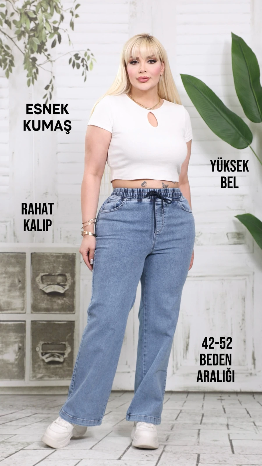 BÜYÜK BEDEN BEL LASTİKLİ YÜKSEK BEL SALAŞ PANTOLON - 1